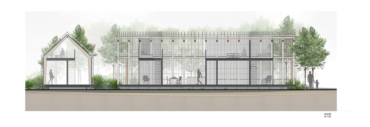 Hochschule Mainz, Gartenhaus für zwei Familien in einem Berliner Schrebergarten, Bachelor Konstruktives Projekt Gartenhaus von Nina Ludwig, Nomin Ganbaatar und Laura Poellath, Konstruktion